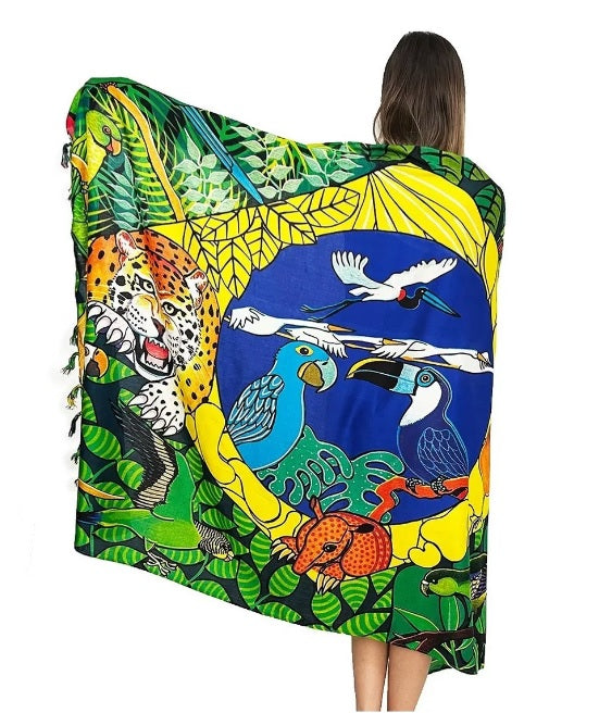 Sarong featuring the Brazilian flag as a backdrop, intertwined with the majestic leopard, the rich flora and fauna of the Amazon.