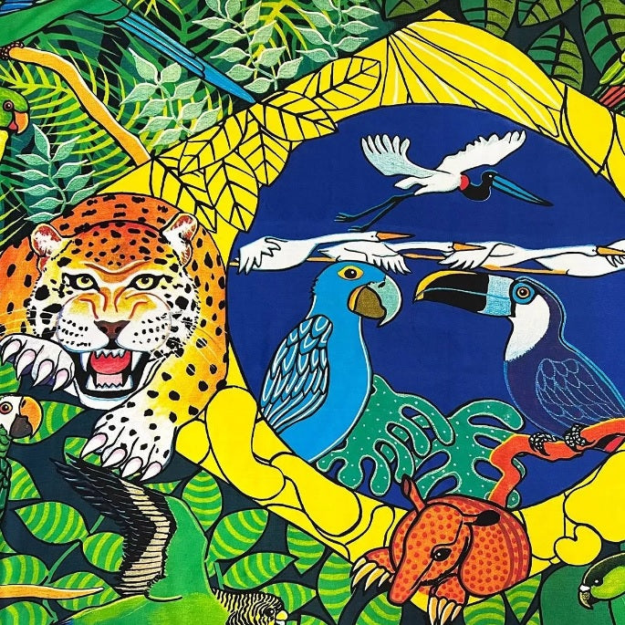 Sarong Brazilian flag as a backdrop, intertwined with the majestic leopard, the rich flora and fauna of the Amazon.