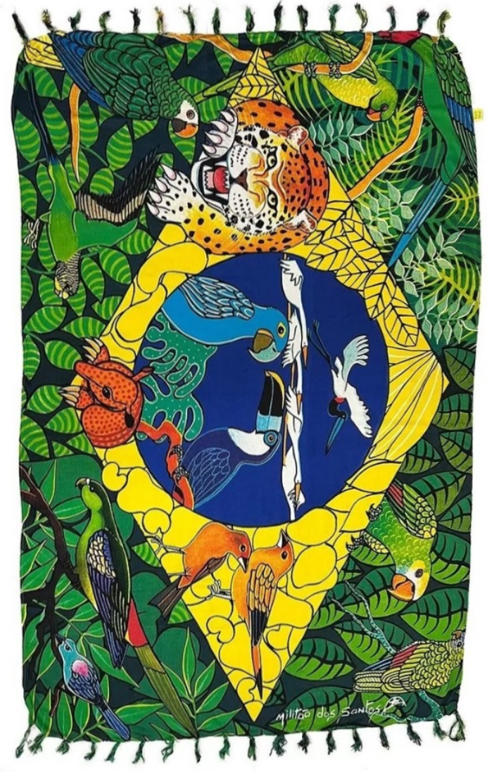 Amazon Rainforest Sarong, Brazilian flag as a backdrop, intertwined with the majestic leopard, the rich flora and fauna of the Amazon.