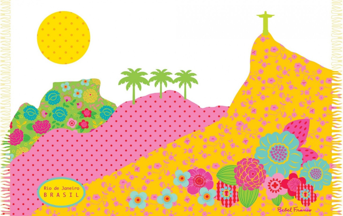 Sarong with Rio's iconic Christ the Redeemer, yellow mountain with colourful flower and palm trees