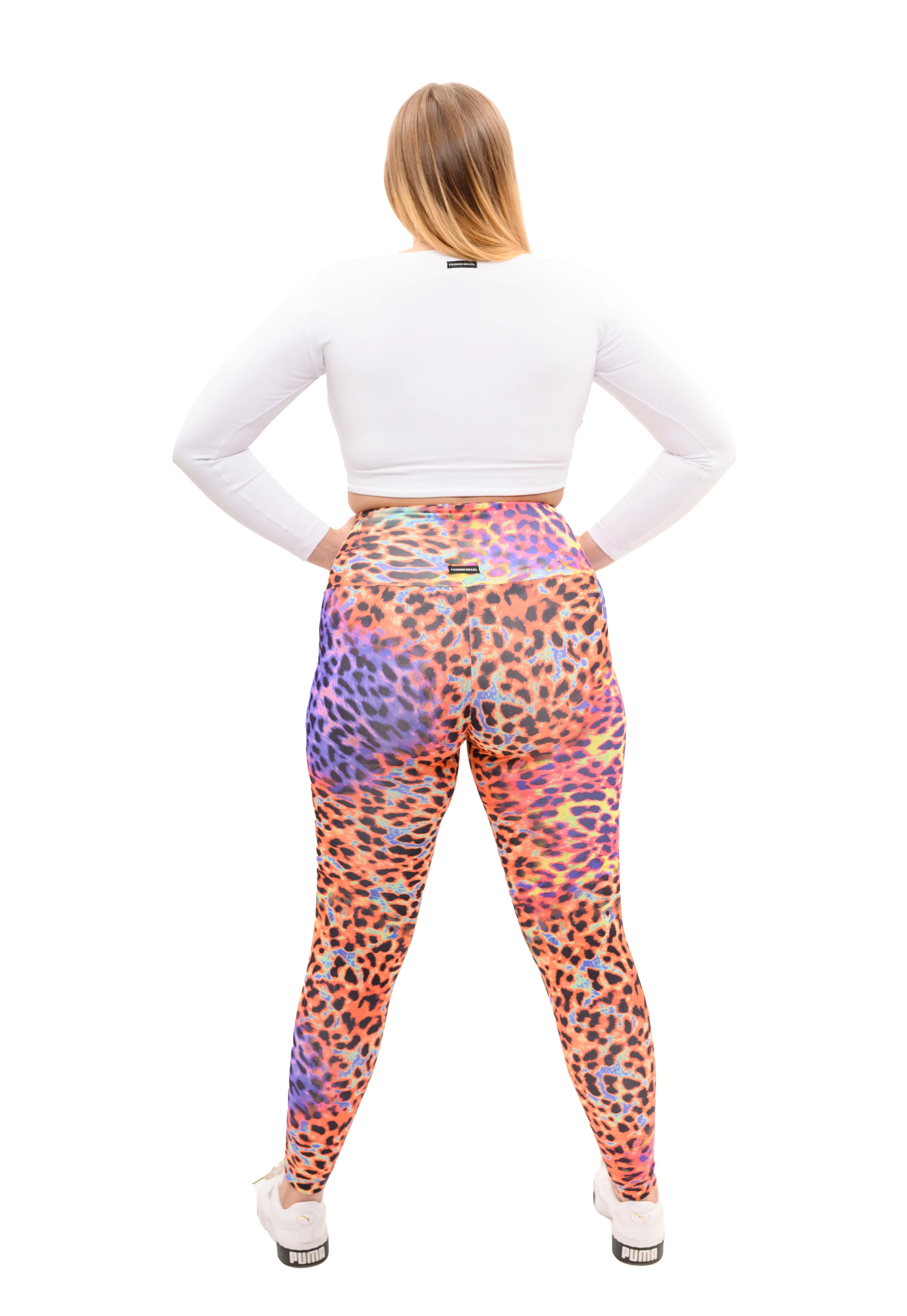 Leopard Neon Full Length Tights and White long sleeve crop  