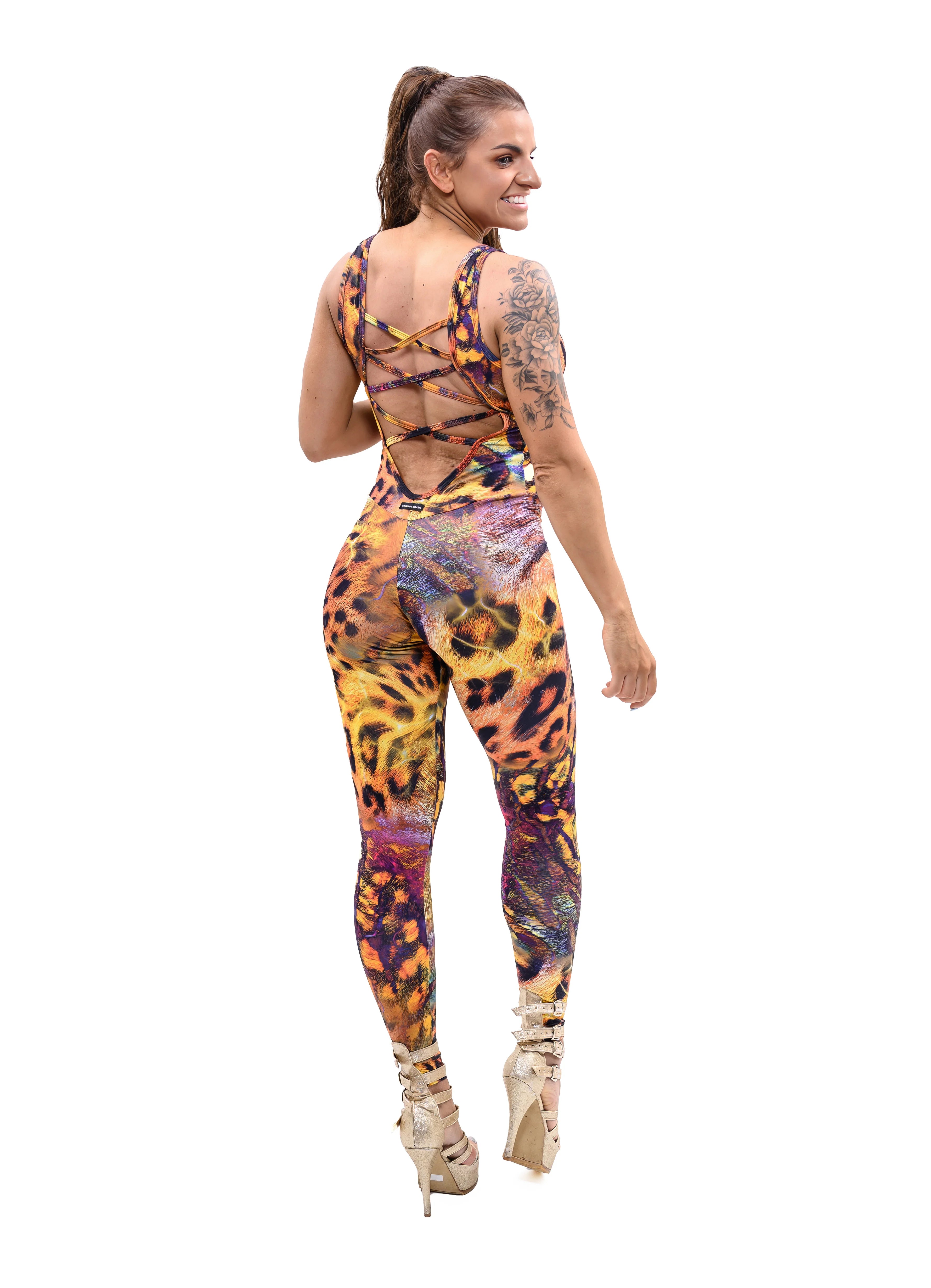 Leopard Print Safari Brazilian Workout Jumpsuit Back Details
