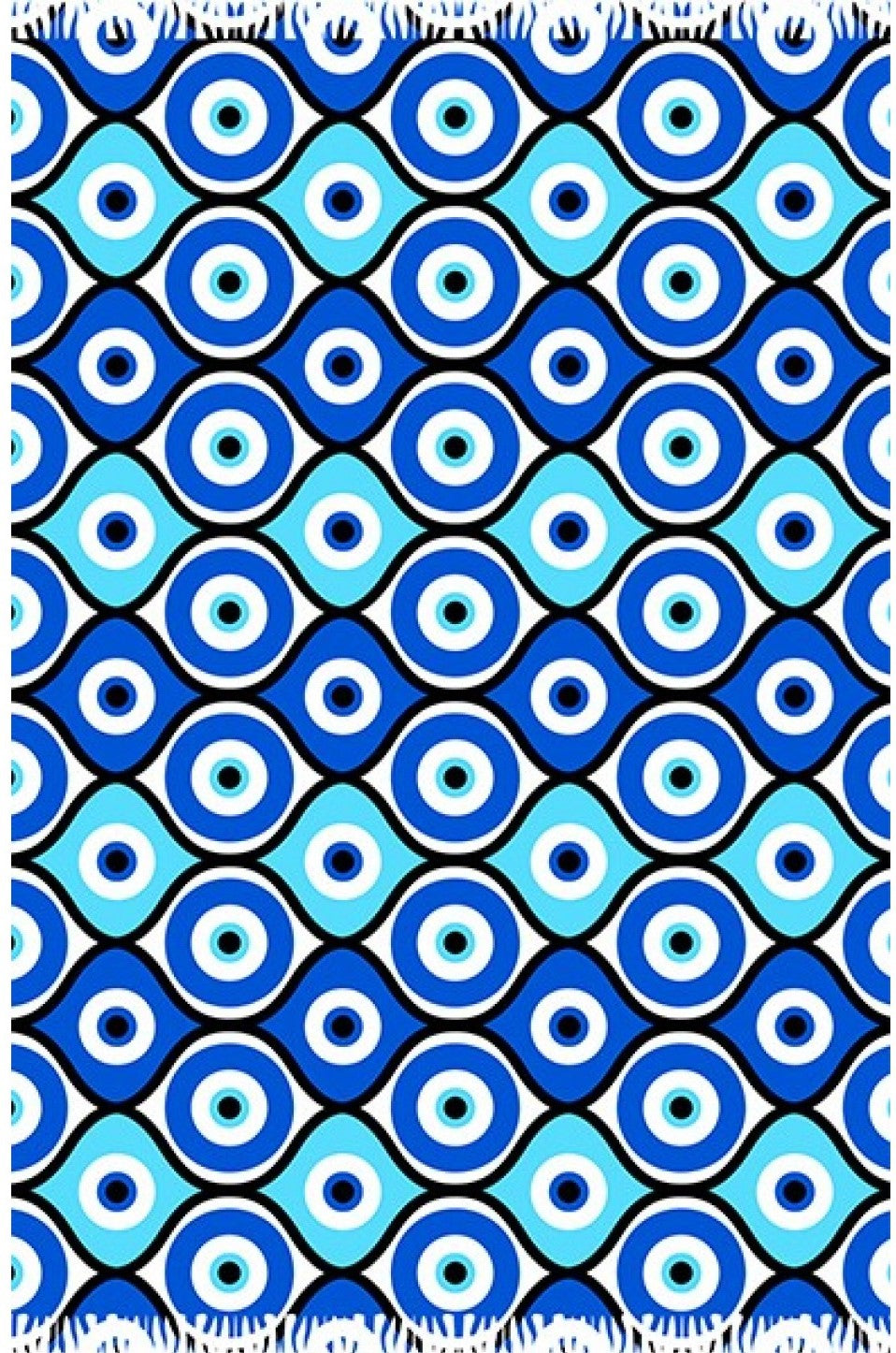 A sarong featuring a geometric pattern with circles and tassel fringes.