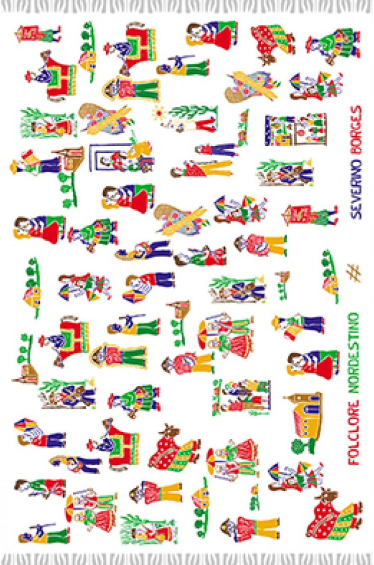The design is characterised by numerous small figures depicting scenes of daily life and cultural traditions, primarily in red, green, and yellow hues.&nbsp;The text "FOLCLORE NORDESTINO" and "SEVERINO BORGES" are present on the textile, indicating that it represents the folklore of the Northeast region of Brazil and is likely the work of the artist Severino Borges.  The edges of the textile feature a fringed pattern.
