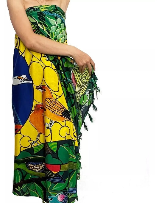 Sarong Brazilian flag as a backdrop, intertwined with the majestic leopard, the rich flora and fauna of the Amazon.