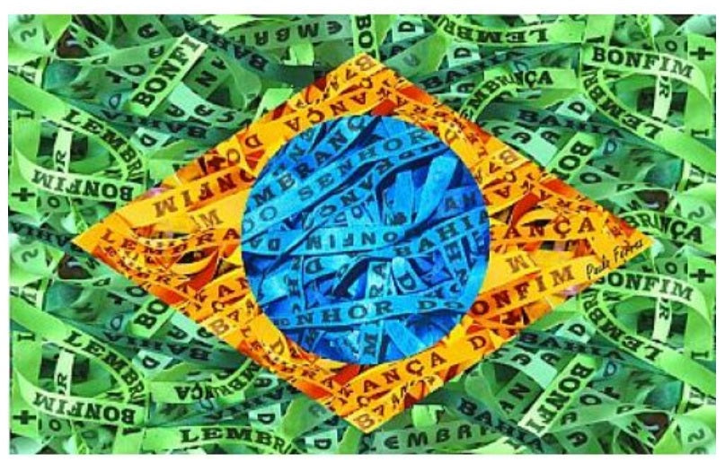 Brazilian flag with the colorful and symbolic Fitinha do Bonfim, the traditional Brazilian ribbon that carries wishes and blessings. 