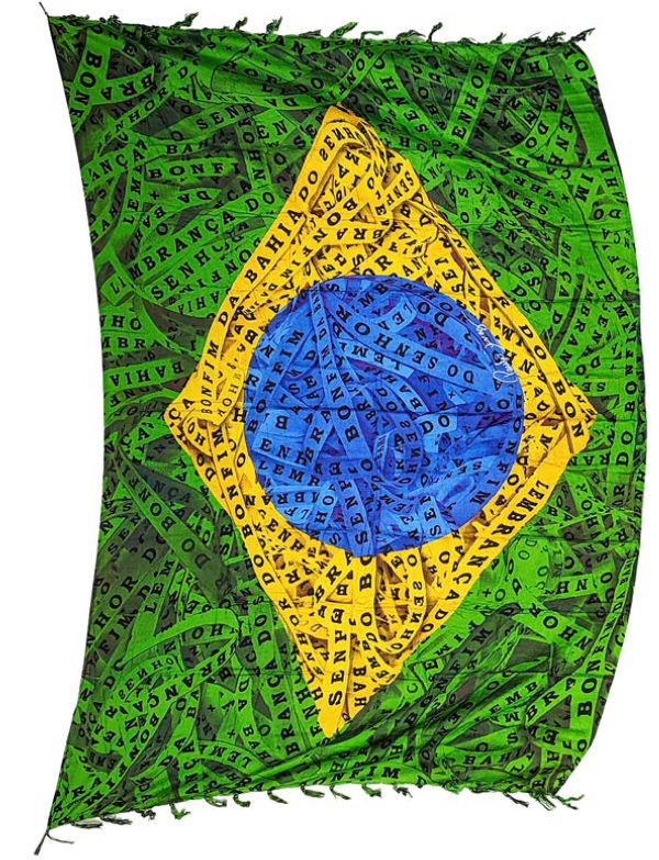 Brazil flag sarong with Fitinha do Bonfim wish ribbons draped on a white background — Fashion Brazil
