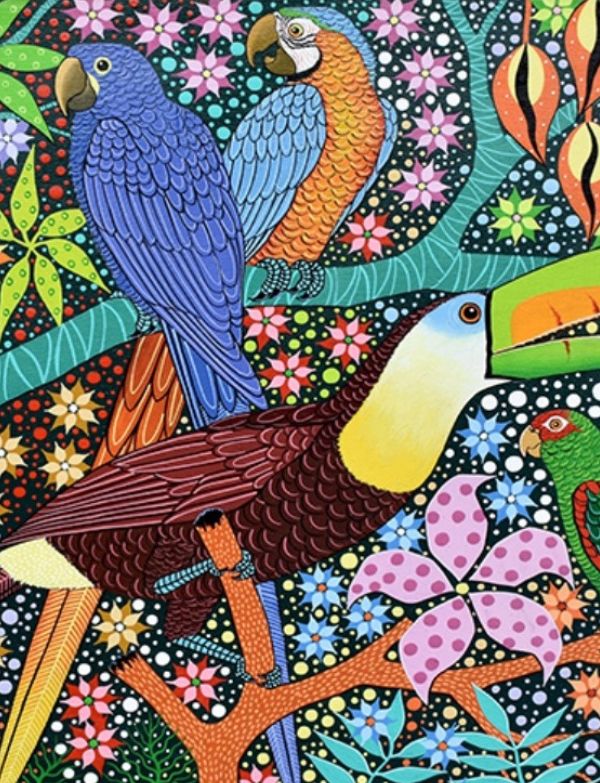 Colorful illustration of parrots and toucans on a patterned background