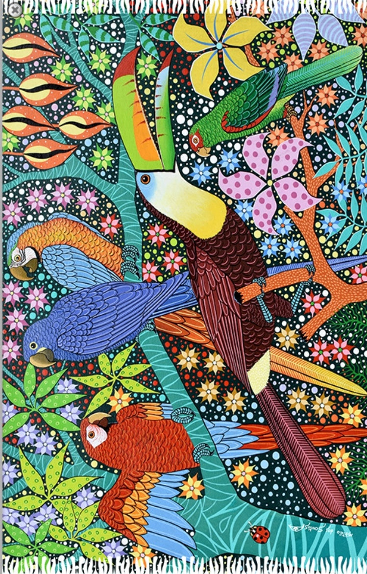 Arara fringed beach sarong featuring colourful Amazonian birds and tropical floral print on a white background — Fashion Brazil