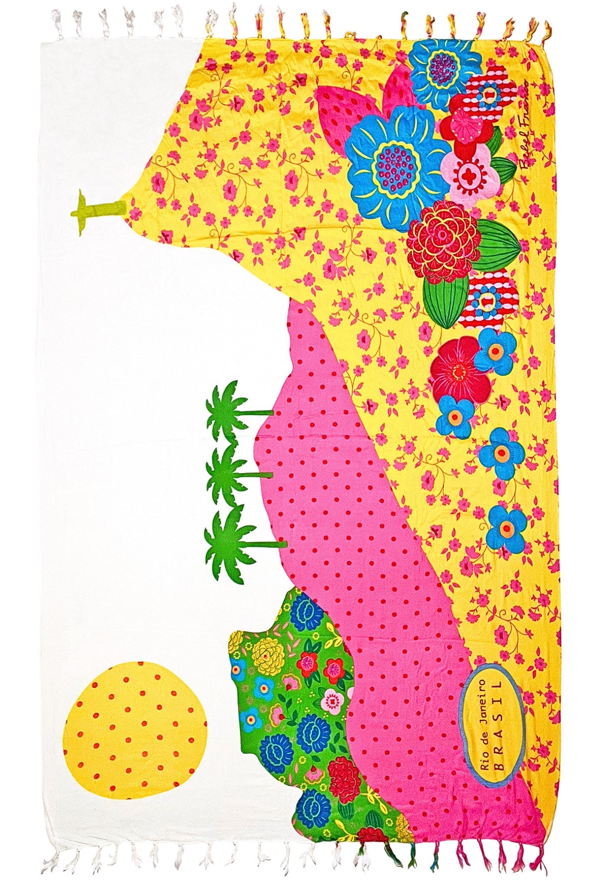 Pedra da Gávea sarong full flat lay showing Rio de Janeiro Brasil print in yellow, pink and green on a white background — Fashion Brazil