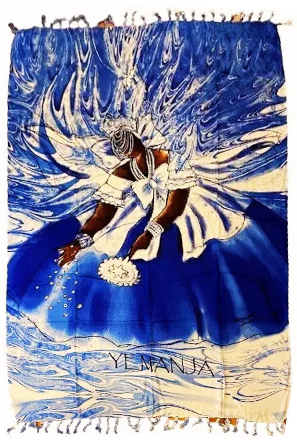 The image is an illustration of Yemanja, the goddess of the sea and motherhood from Afro-Brazilian culture. Her name originates from the Yoruba "Yeye emo eja," meaning "Mother whose children are the fishes". She represents nurturing, protection, and the bountiful, selfless generosity of motherhood. 
