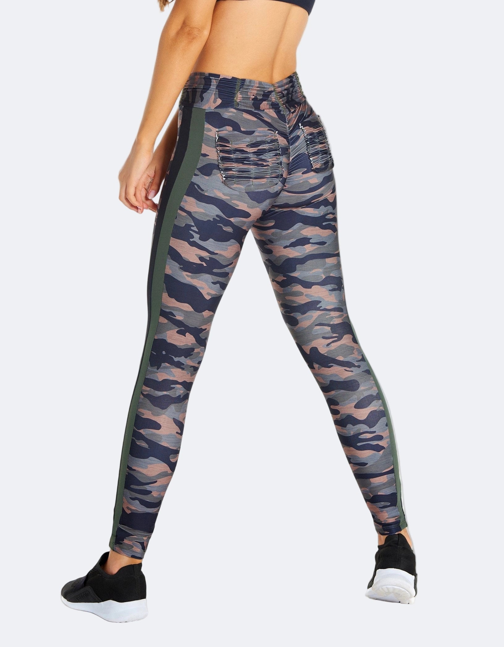 Camouflage leggings with a green stripe on a white background