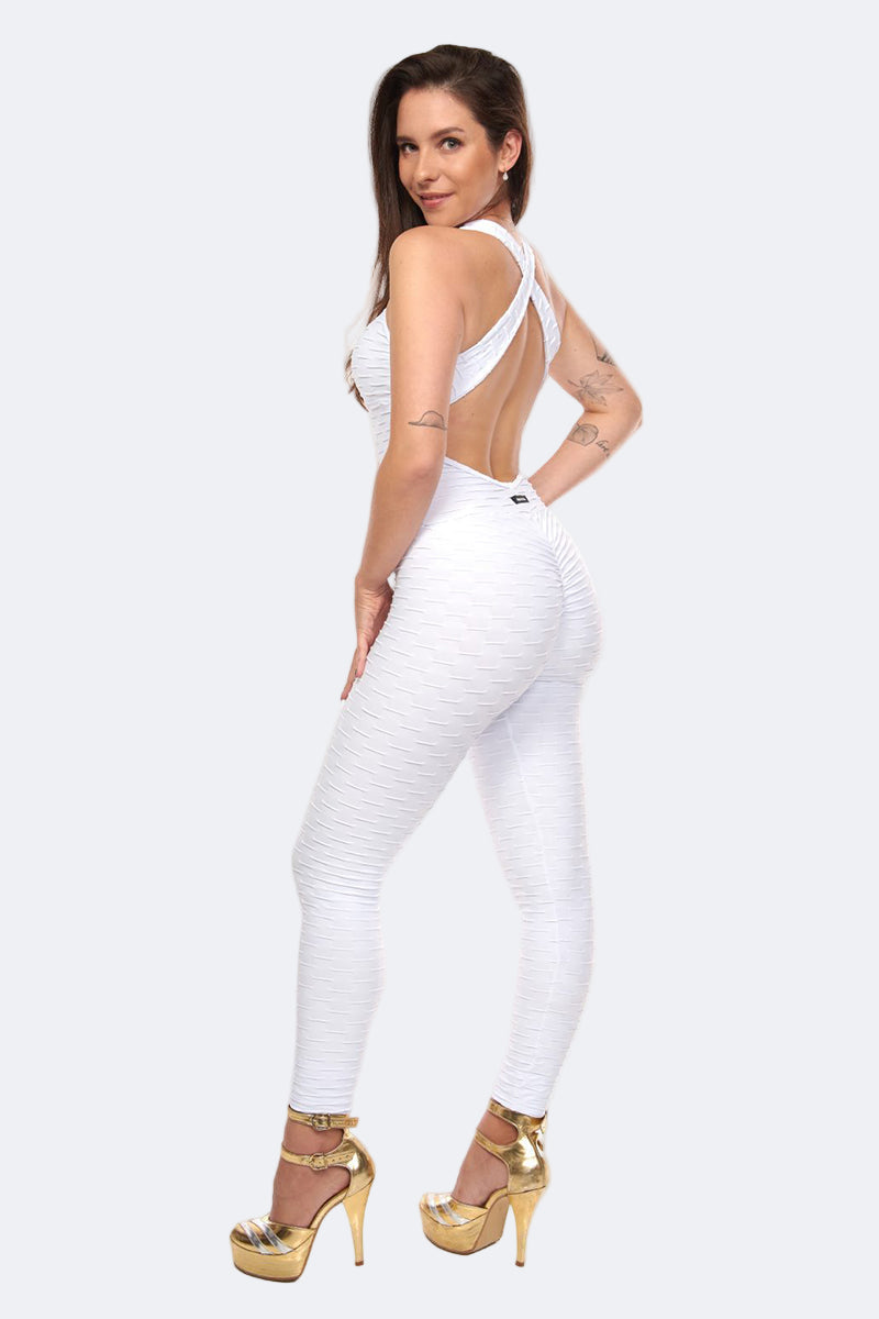 Fashion Brazil Bianca White Jumpsuit, side view showing sculpting silhouette, scrunch booty Brazilian butt lift effect, and premium textured fabric.