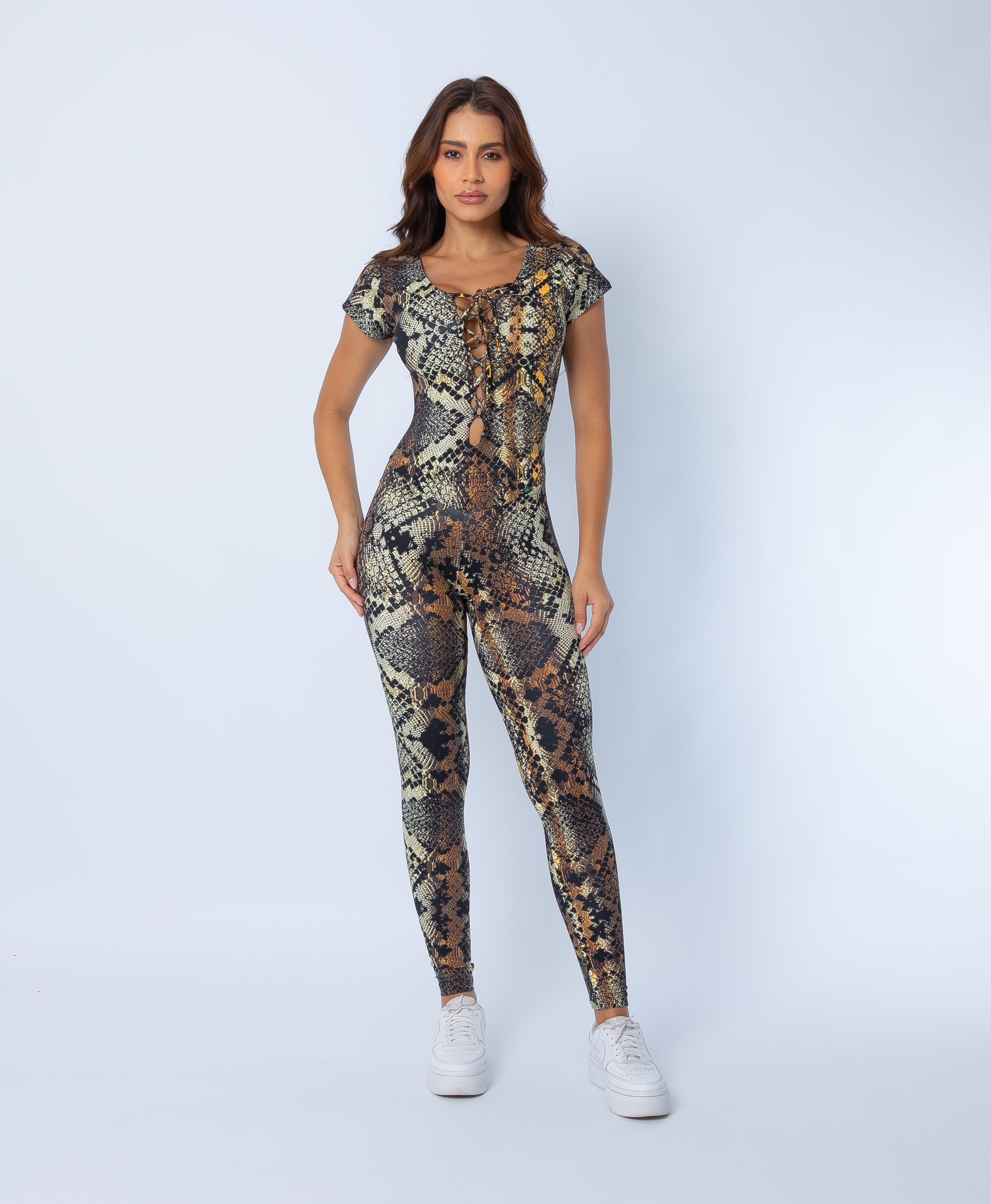Fashion Brazil Golden Cobra Cap Sleeve Jumpsuit front view, featuring adjustable tie-up lace neckline, cap sleeves, and gold snake-print Brazilian one-piece on a white background.