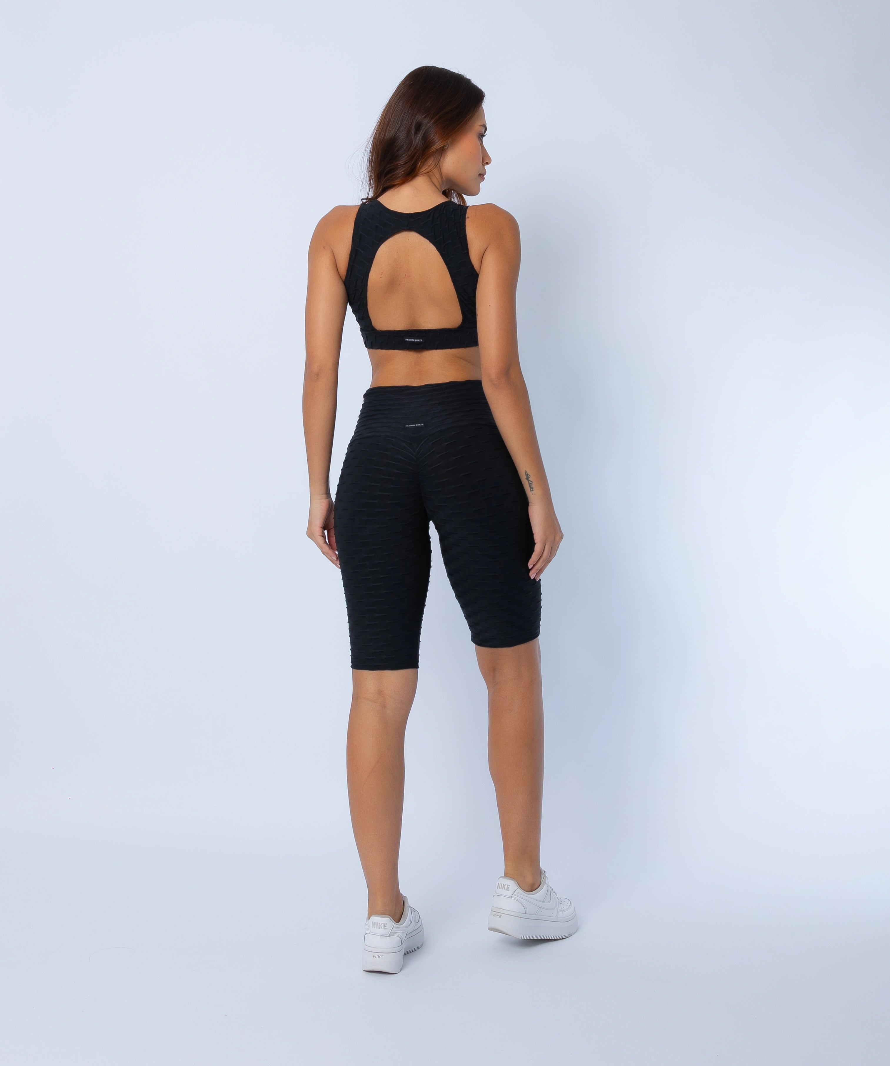 Fashion Brazil Luna High Waist Bike Shorts with matching sports bra, back view highlighting scrunch-back seam for Brazilian butt lift effect and sculpting fit.