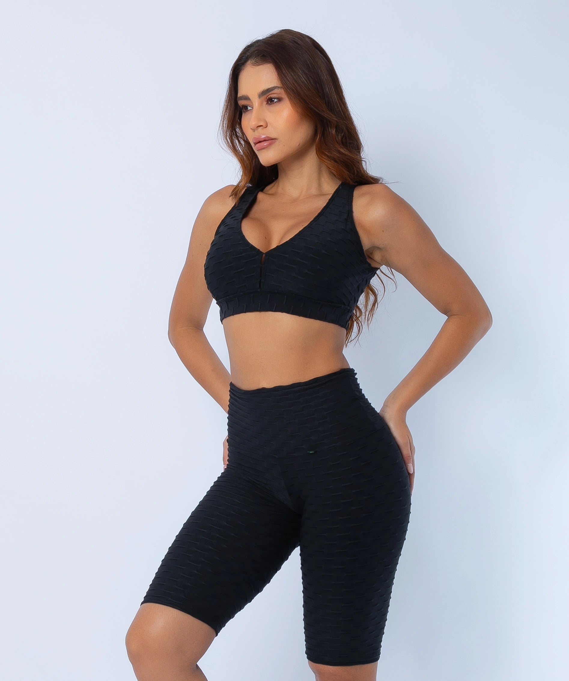 Fashion Brazil Luna High Waist Bike Shorts with matching sports bra, showing scrunch-back seam, textured Zero Flaws fabric, and sculpting fit.