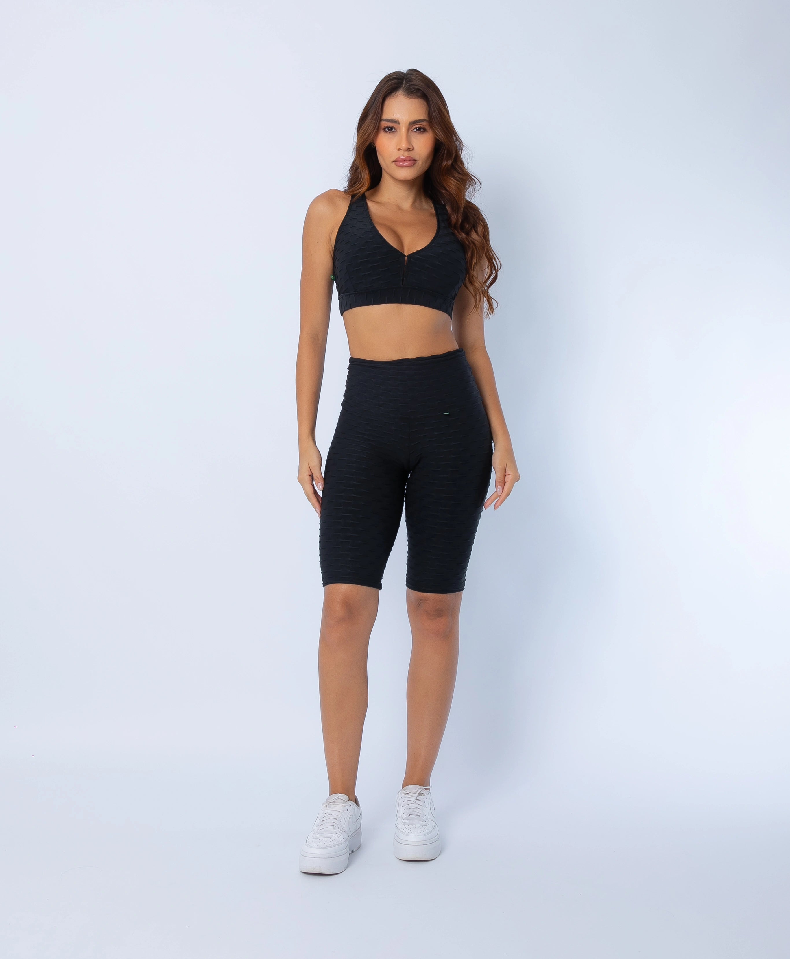 Fashion Brazil Luna High Waist Bike Shorts with matching sports bra, front view in Zero Flaws textured fabric with scrunch-back seam and high-rise waistband.