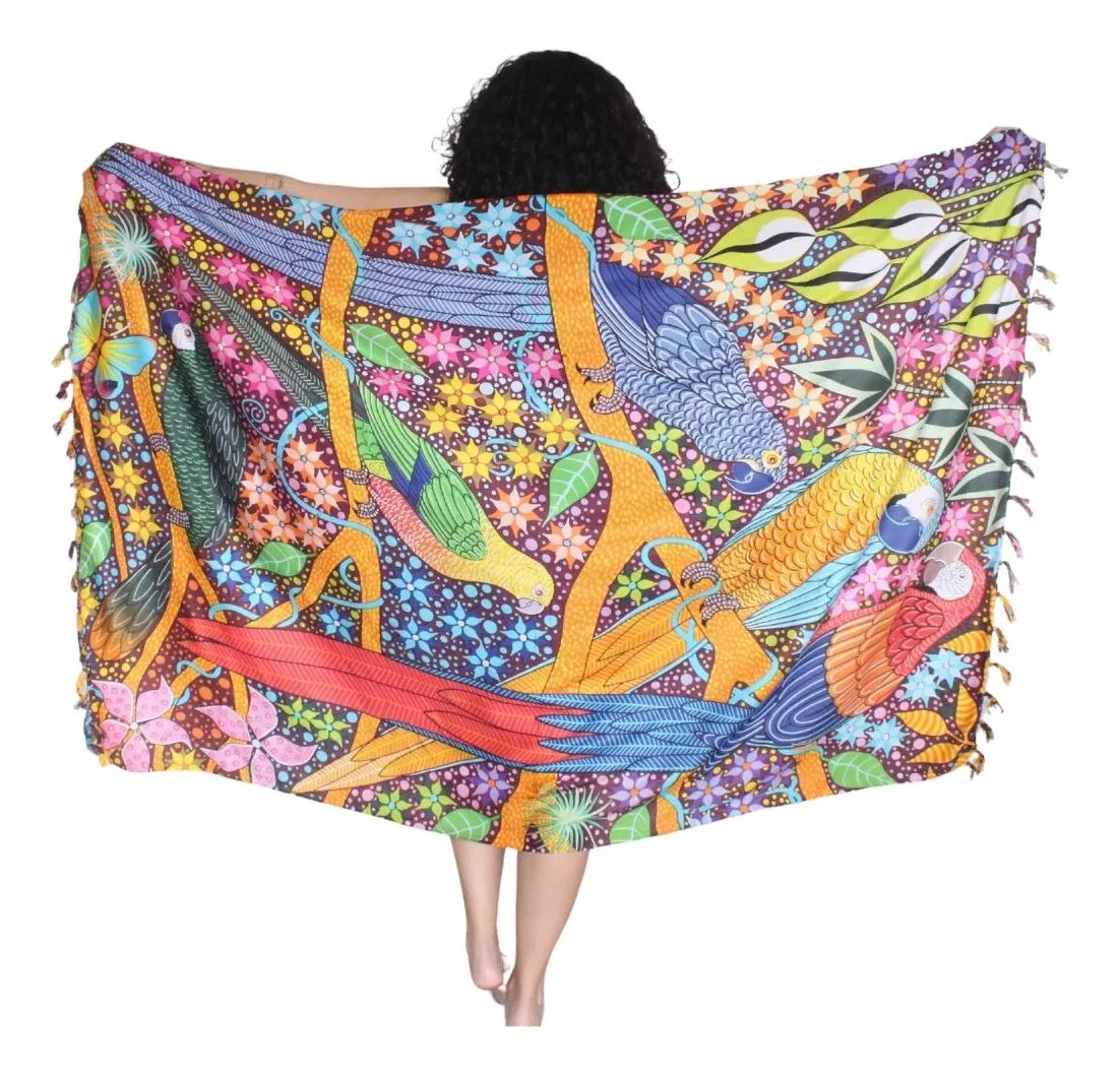 Floresta Sarong full print featuring colourful Brazilian parrots and tropical flowers print on a white background — Fashion Brazil