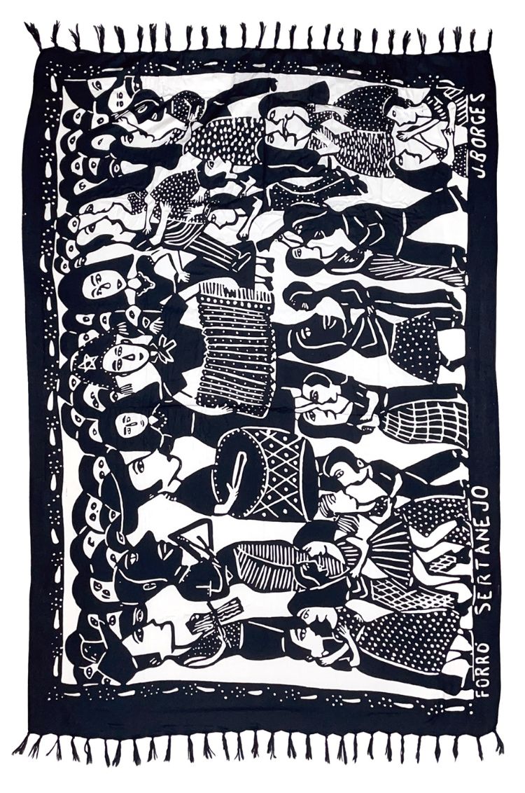 Black and white Brazilian sarong with  Severino Borges Forro Sertanejo painting on a plain background.