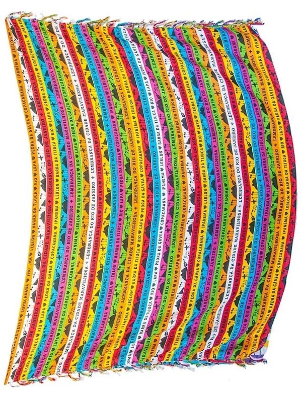 Lembrança do Rio Fitinha Sarong displayed as stacked multicolor ribbons featuring Rio de Janeiro neighbourhood names including Ipanema, Copacabana, Lapa and Leblon.
