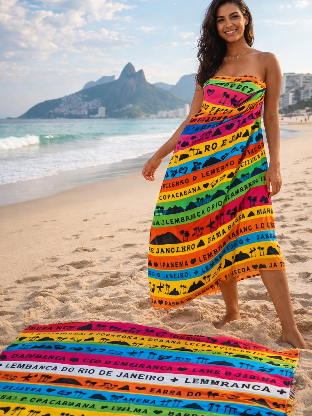 Model wearing Lembrança do Rio Fitinha Sarong as a strapless beach cover-up on Ipanema beach with Dois Irmãos mountain in the background.