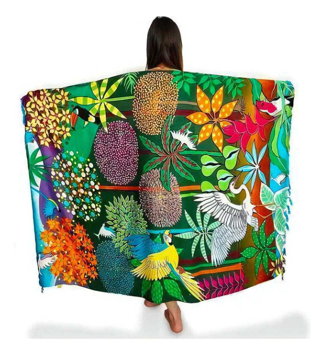 Woman holding Pantanal Brazilian sarong open showing toucan, tropical birds and vibrant botanical print with teal fringe – Fashion Brazil