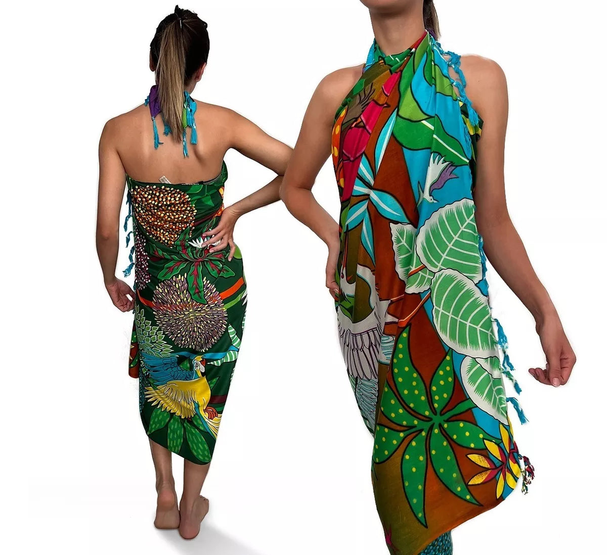 Pantanal Brazilian sarong worn as a halter neck dress with vibrant egret and tropical print – Fashion Brazil