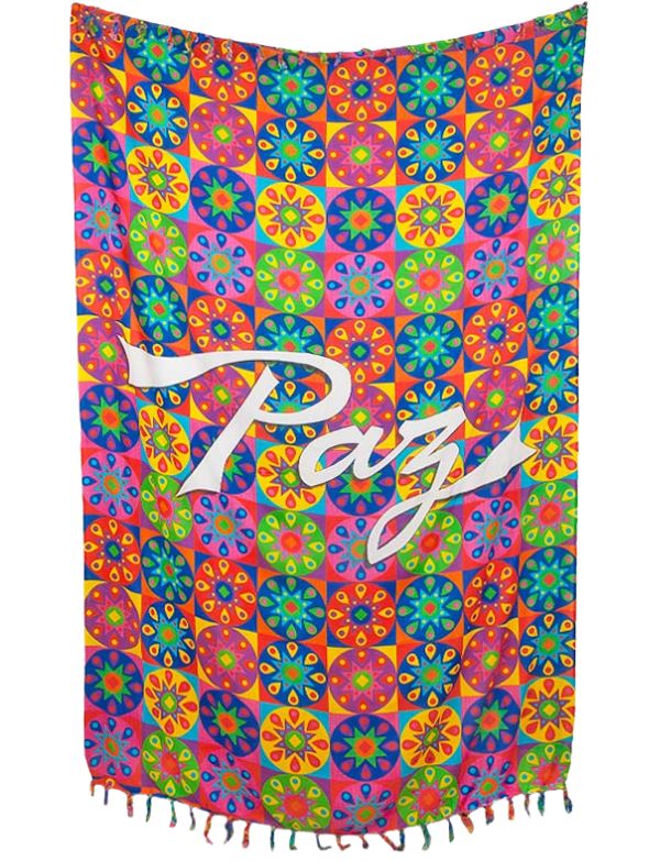 The image shows a sarong featuring a colourful, artistic depiction of a lion's face. Tasseled edge and showcases a vibrant, multicoloured lion design, which adds a unique and eye-catching element.