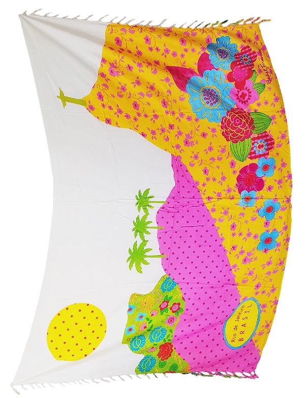 Pedra da Gávea sarong draped full view in yellow and pink tropical floral print on a white background — Fashion Brazil