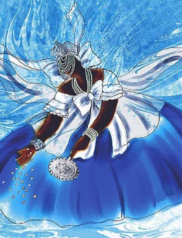 versatile sarong (also known as a Brazilian canga) featuring an illustration of Yemanjá, the Afro-Brazilian goddess of the sea and motherhood. 