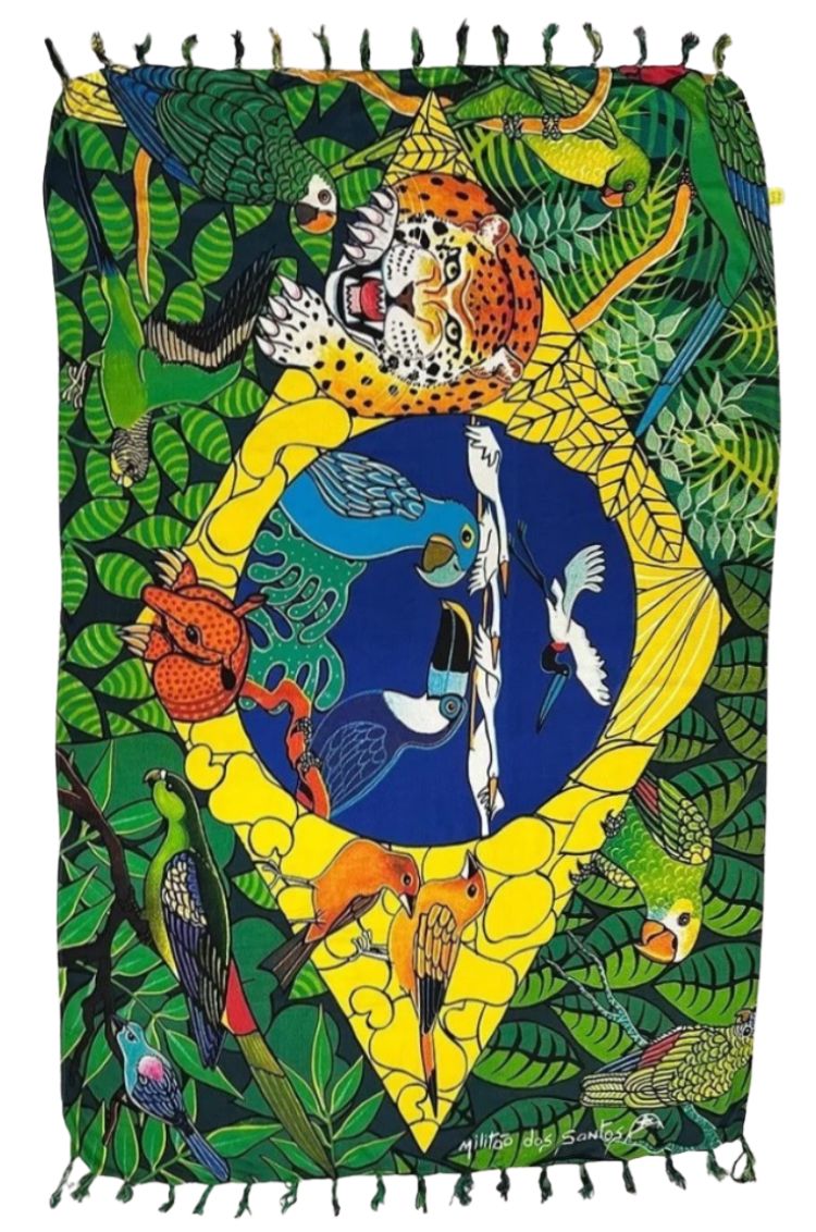Sarong Brazilian flag as a backdrop, intertwined with the majestic leopard, the rich flora and fauna of the Amazon.