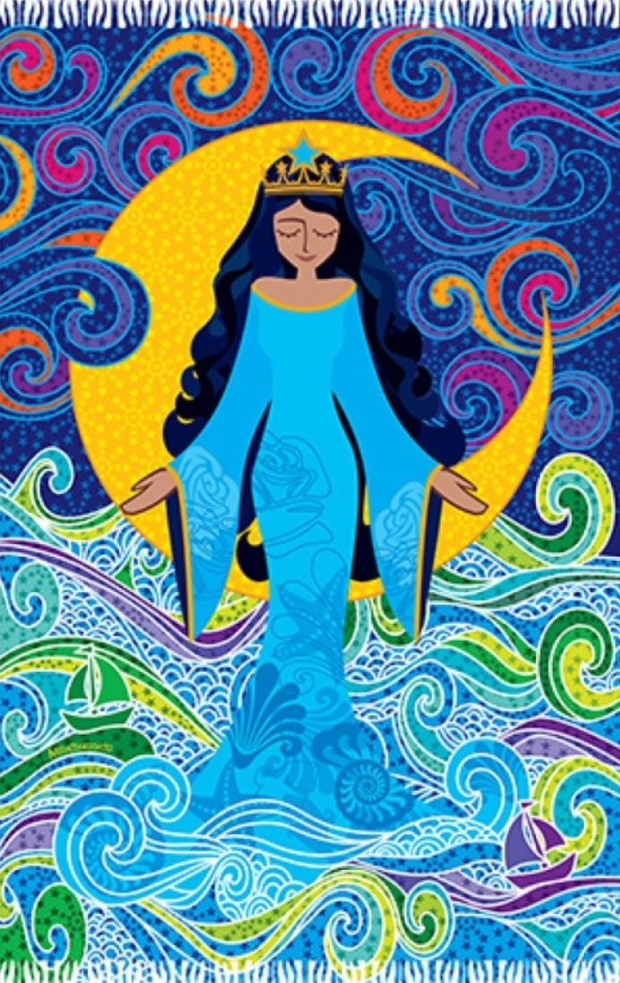 This sarong design is a vibrant, stylized illustration of Yemọja, the Afro-Brazilian deity representing the sea and motherhood. The artwork features the goddess with long dark hair, wearing a light blue dress, standing amidst swirling, colorful waves under a bright yellow crescent moon. The design uses a rich palette of blues, greens, purples, and pinks, with intricate, flowing patterns that evoke the movement of water and sky. 
