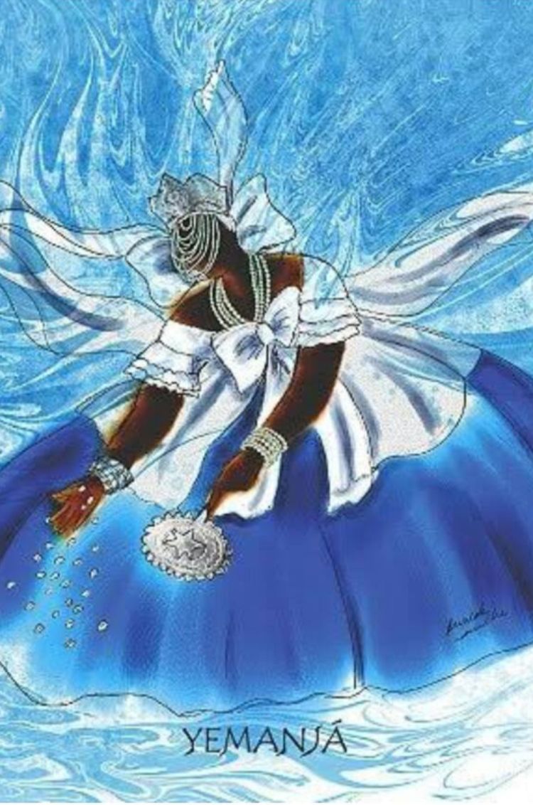 The image is an illustration of Yemanja, the goddess of the sea and motherhood from Afro-Brazilian culture. Her name originates from the Yoruba "Yeye emo eja," meaning "Mother whose children are the fishes". She represents nurturing, protection, and the bountiful, selfless generosity of motherhood. 