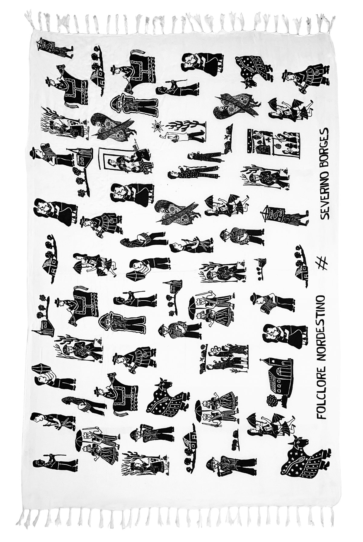 White sarong with black pattern of people dancing  Northeast Brazilian folclore.