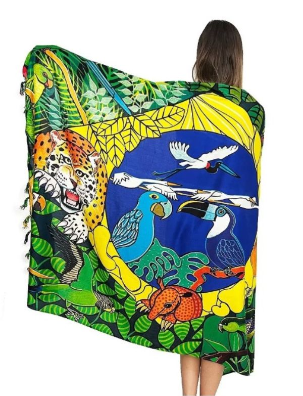 Sarong Brazilian flag as a backdrop, intertwined with the majestic leopard, the rich flora and fauna of the Amazon.