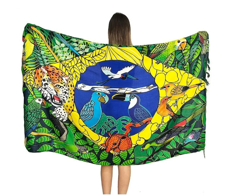 Amazon Rainforest Sarong, Brazilian flag as a backdrop, intertwined with the majestic leopard, the rich flora and fauna of the Amazon.