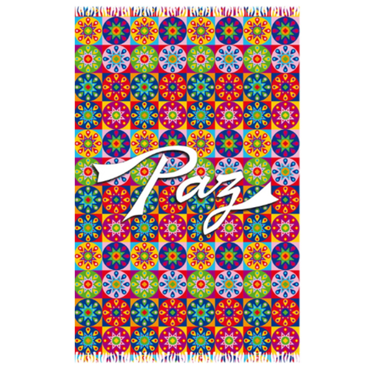 The image shows a vibrant and colourful Brazilian sarong, also known as a canga.  The word "Paz" suggests this particular canga may be intended to convey a message of peace or tranquility.
